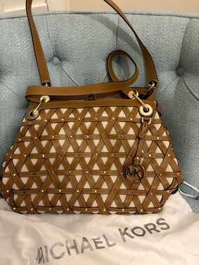 Michael Kors Caramel Woven Leather Shoulder Bag with Gold Hardware